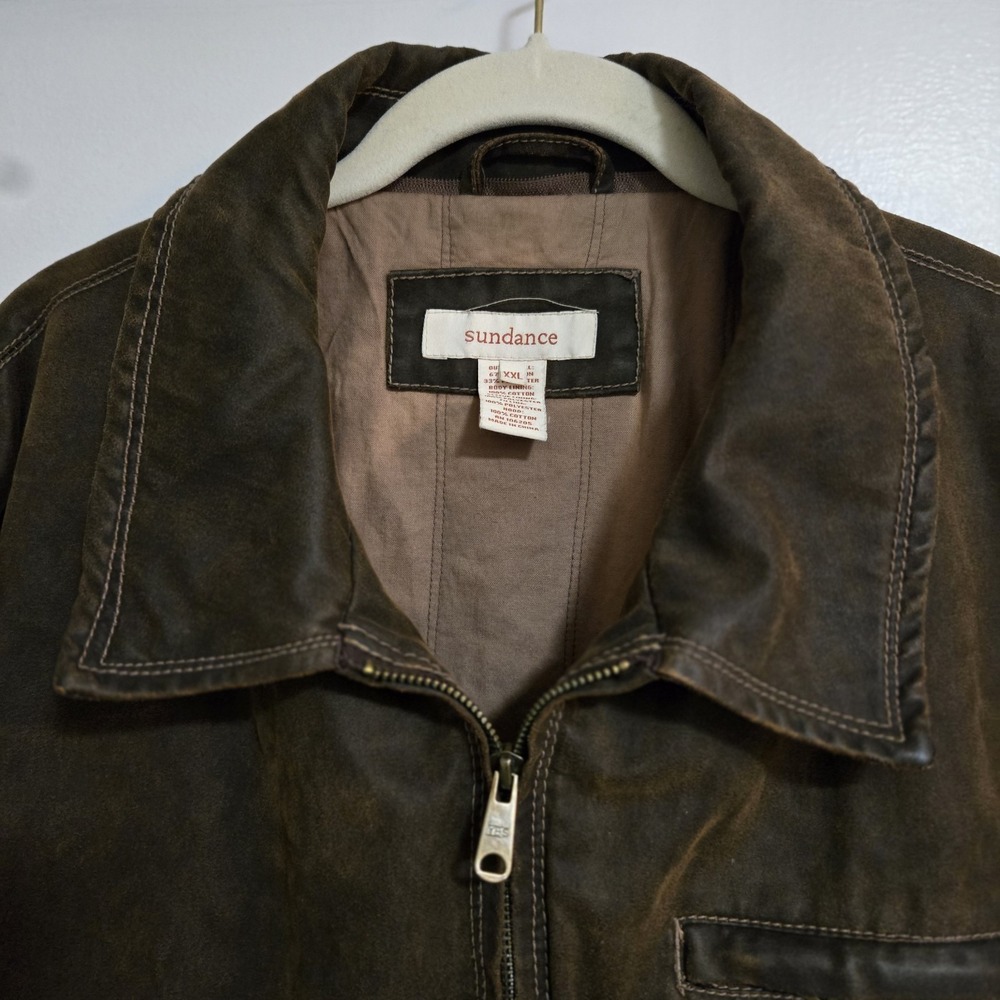 Sundance Men's Size‎ XXL Bomber Biker Jacket Brown Faux Leather Trim Zip Front - Picture 2 of 8